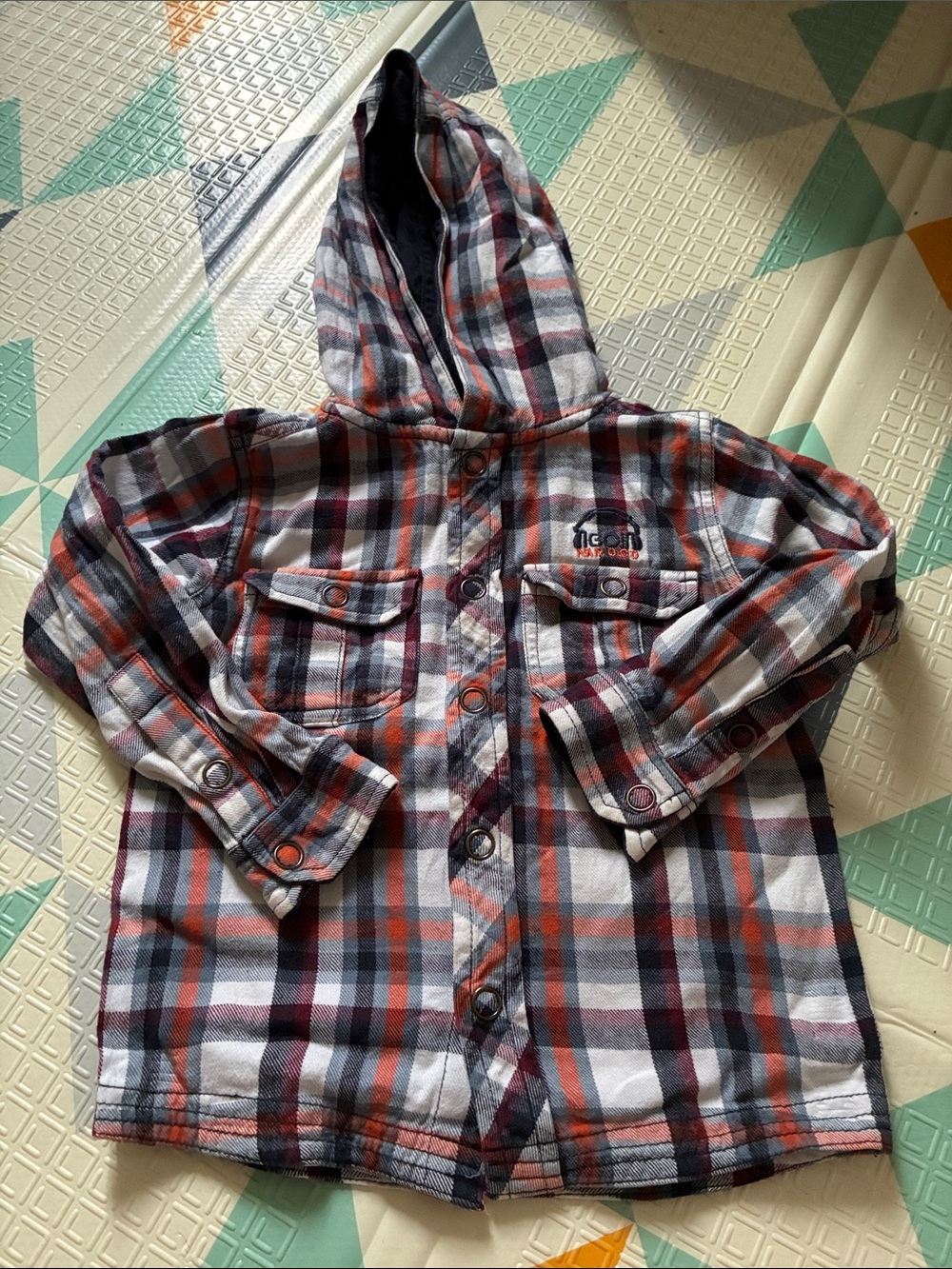 20/25$ 🧸 Kids Plaid Hooded Button-Up Shirt Jacket - Orange, Navy & White